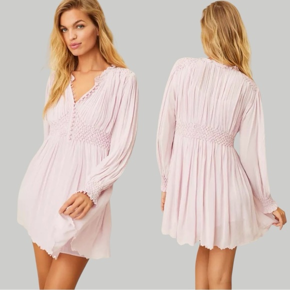 LOVESHACKFANCY Belinda Smocked A-Line Swing Long Sleeve Button-down Mini Dress - Picture 7 of 15